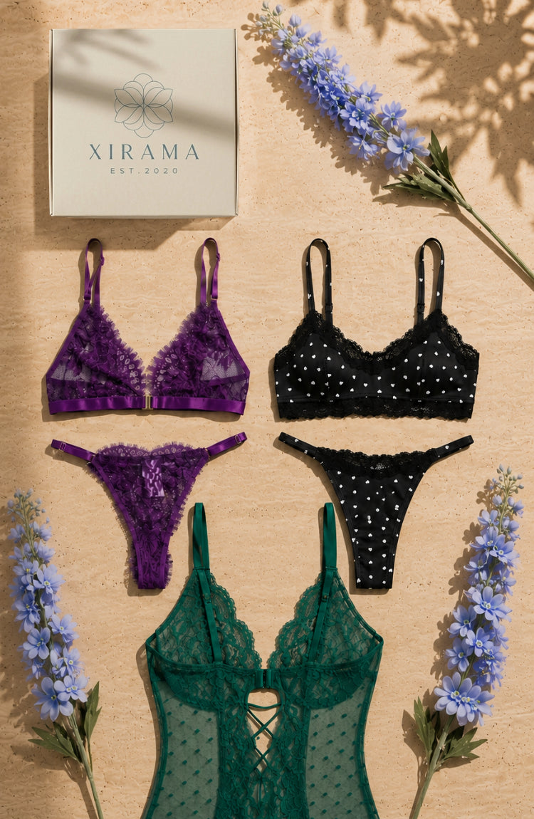 Set de lencería y pijama XIRAMA sobre fondo oscuro - colección Novedades (versión móvil)